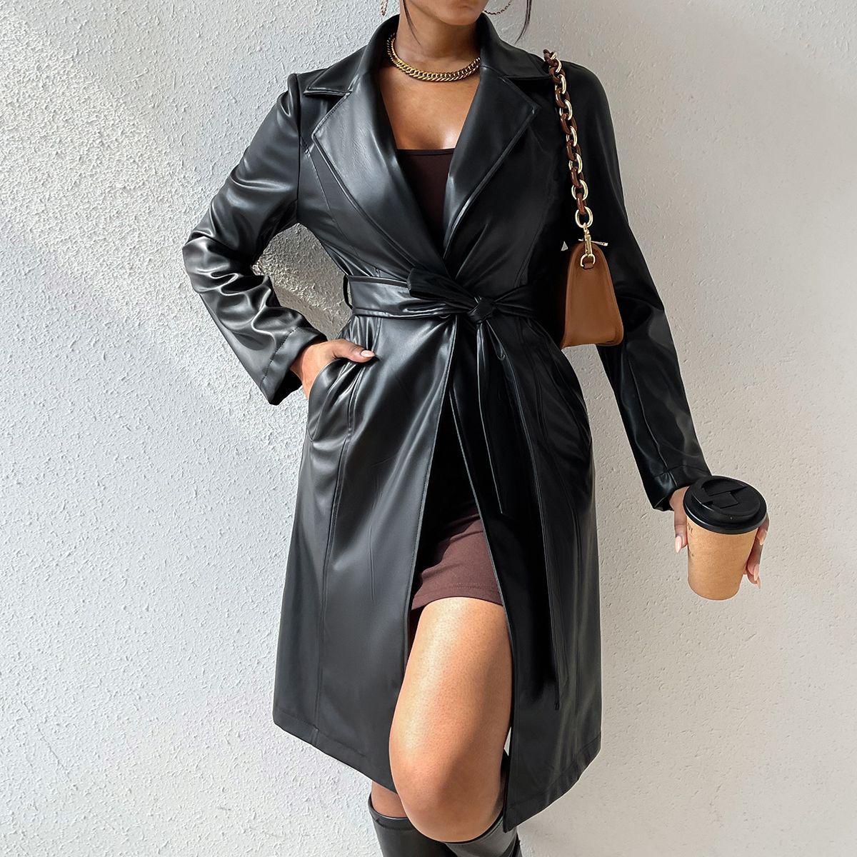 Chic Veste Longue en Cuir PU à Poches et Col Revers