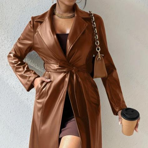 Chic Veste Longue en Cuir PU à Poches et Col Revers