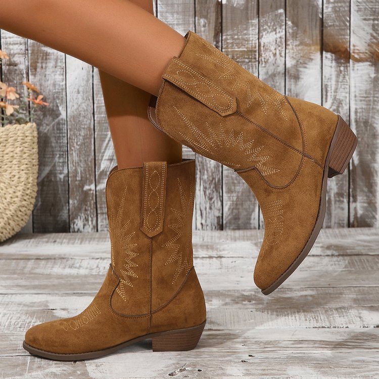 Bottes Western en Daim à Talon Chunky et Bout Pointu