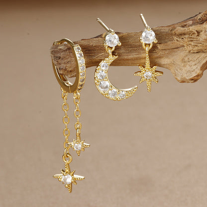 3 Paires- Set de Clous d'Oreilles Lune en Zircon, Plaqué Or 18K