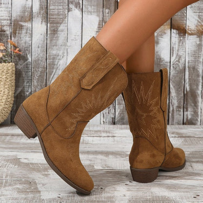 Bottes Western en Daim à Talon Chunky et Bout Pointu