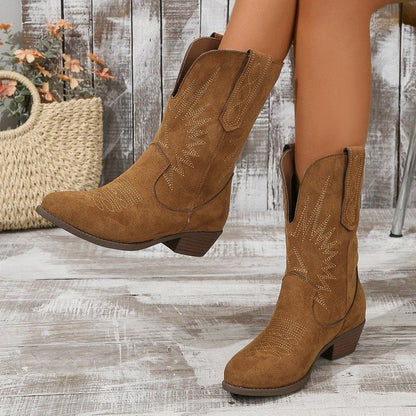 Bottes Western en Daim à Talon Chunky et Bout Pointu